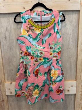 english rose Pink Floral Fit-and-Flare Dress with Yellow Beaded Collar